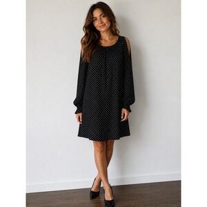Old‎ Navy Shift Dress Womens M Black Polka Dot Cold Shoulder Classic Mod Office